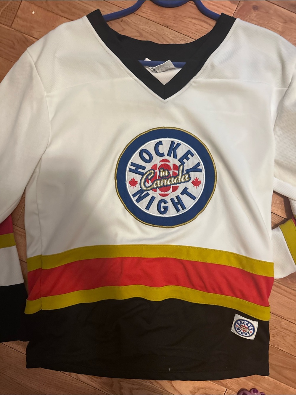 Hockey Night in Canada White Hockey Jersey with Red & Yellow Stripes